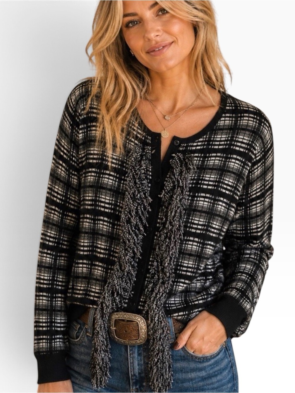 ELLEN Tracy cardigan sweater checkers fringe cotton plaid black white small